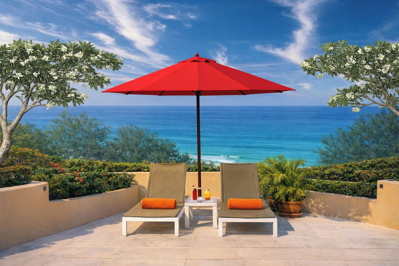 Hồ bơi ngoài trời, dù/ô trên bãi biển/hồ bơi, ghế dài tắm nắng 