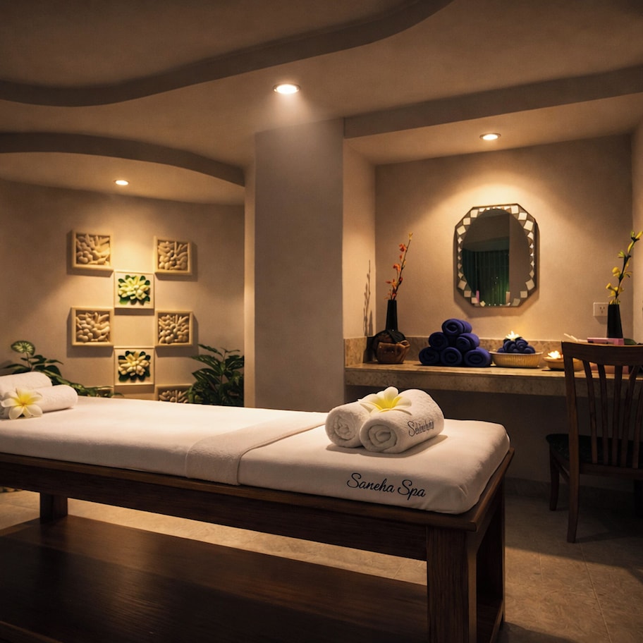 A spa room with a massage table, a chair, a mirror, and wall art.
