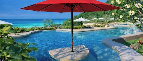 Outdoor pool, pool umbrellas, pool loungers