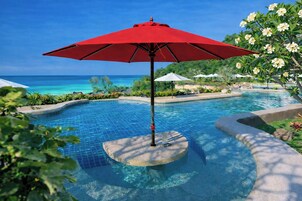 Outdoor pool, pool umbrellas, pool loungers