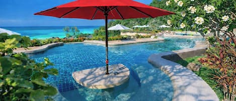 Outdoor pool, pool umbrellas, pool loungers