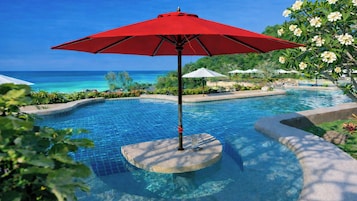 Outdoor pool, pool umbrellas, pool loungers