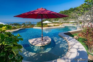 Outdoor pool, pool umbrellas, pool loungers