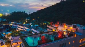 Outdoor pool, pool umbrellas, pool loungers