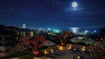 Outdoor pool, pool umbrellas, pool loungers