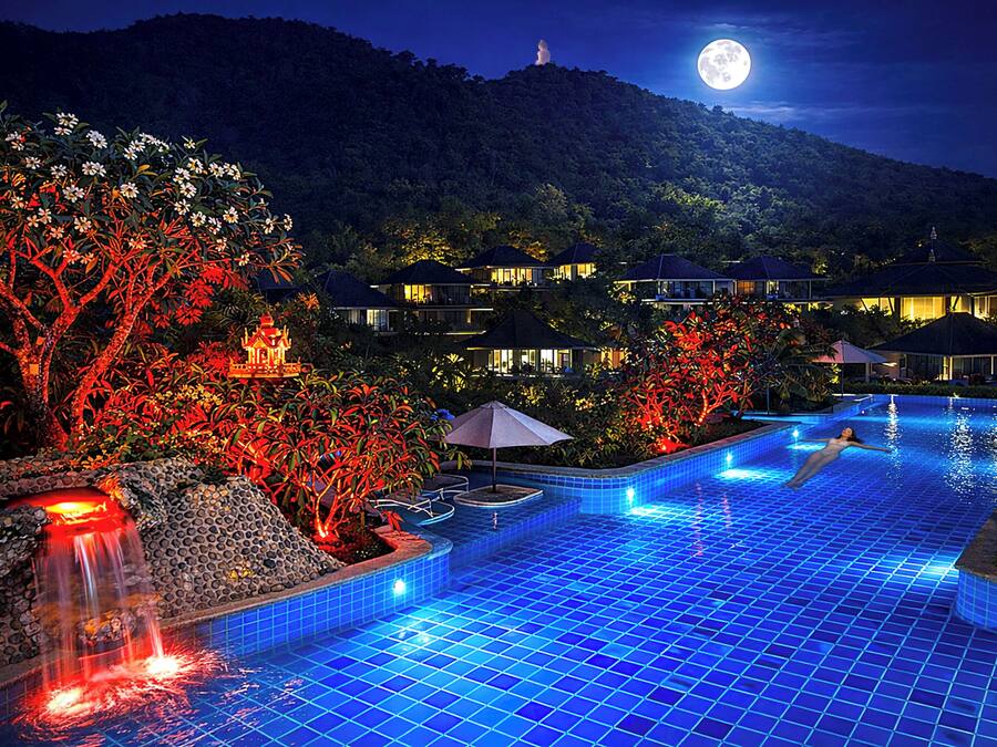 Outdoor pool, pool umbrellas, pool loungers