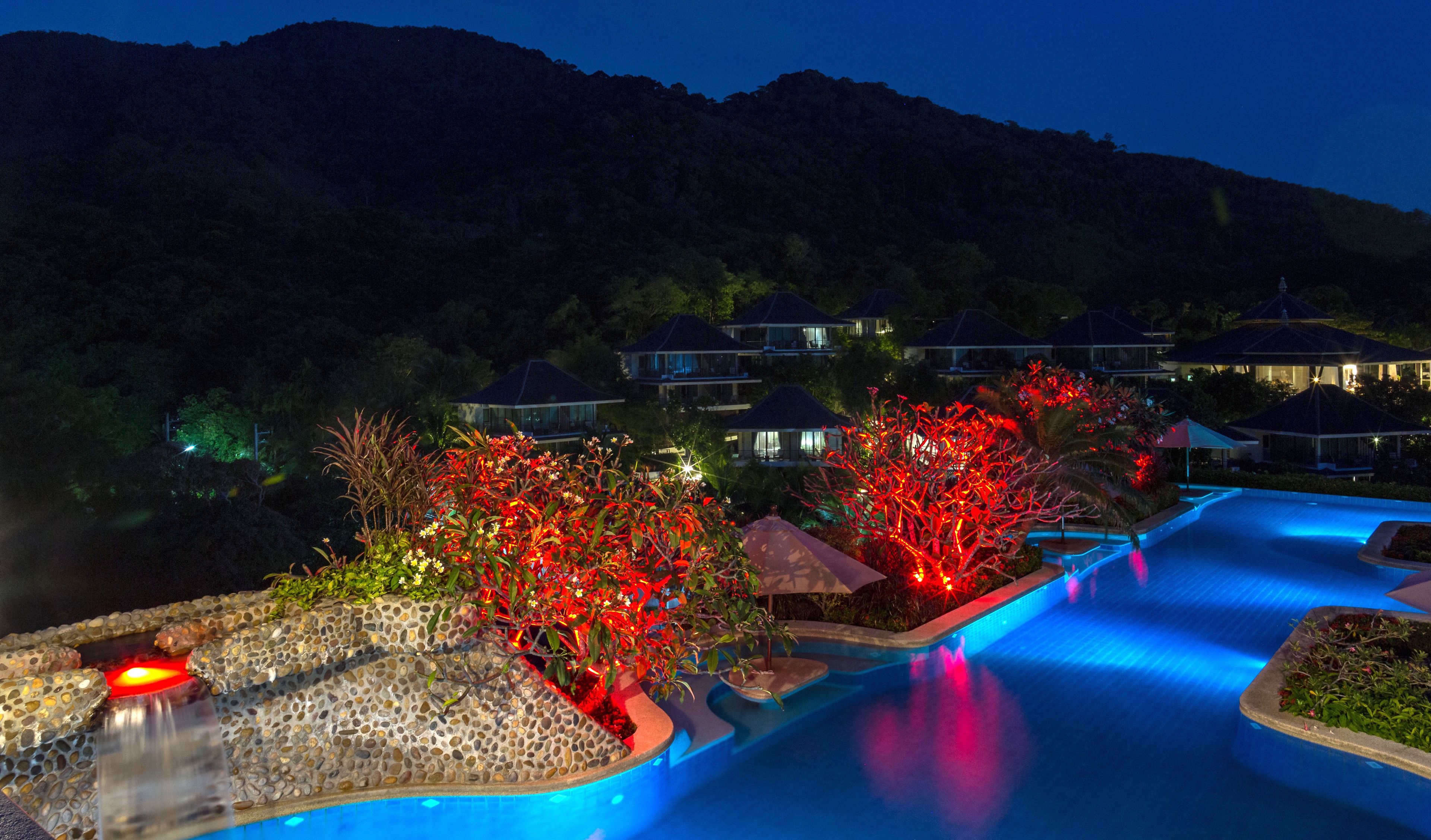 Outdoor pool, pool umbrellas, pool loungers