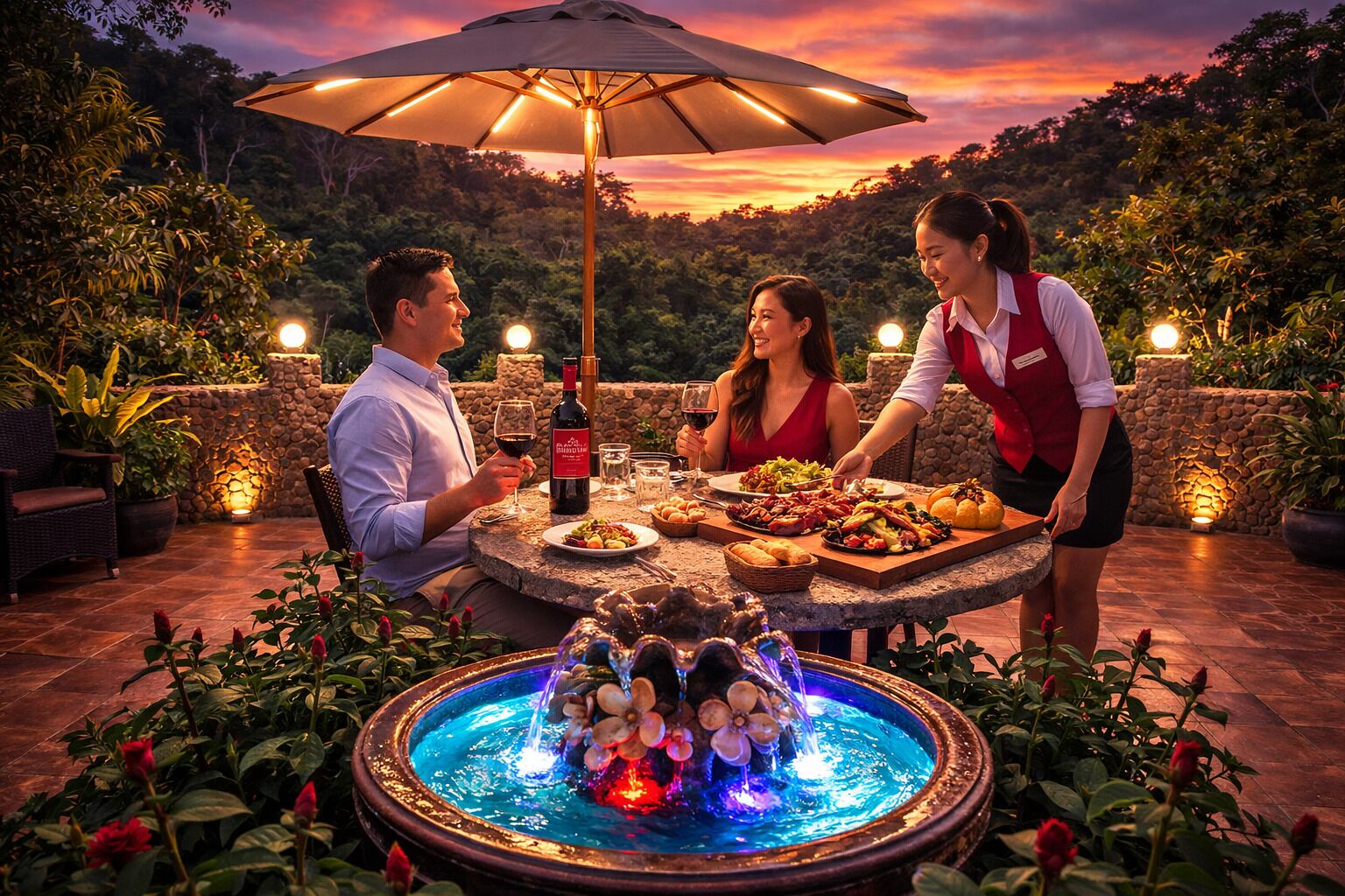 Petit déjeuner, déjeuner et dîner servis sur place, vue sur la piscine
