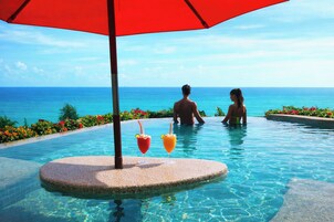 Outdoor pool, pool umbrellas, pool loungers