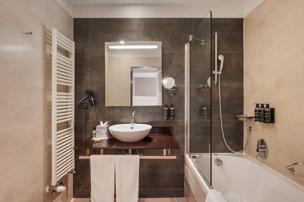 rainfall showerhead, designer toiletries, hair dryer, bidet