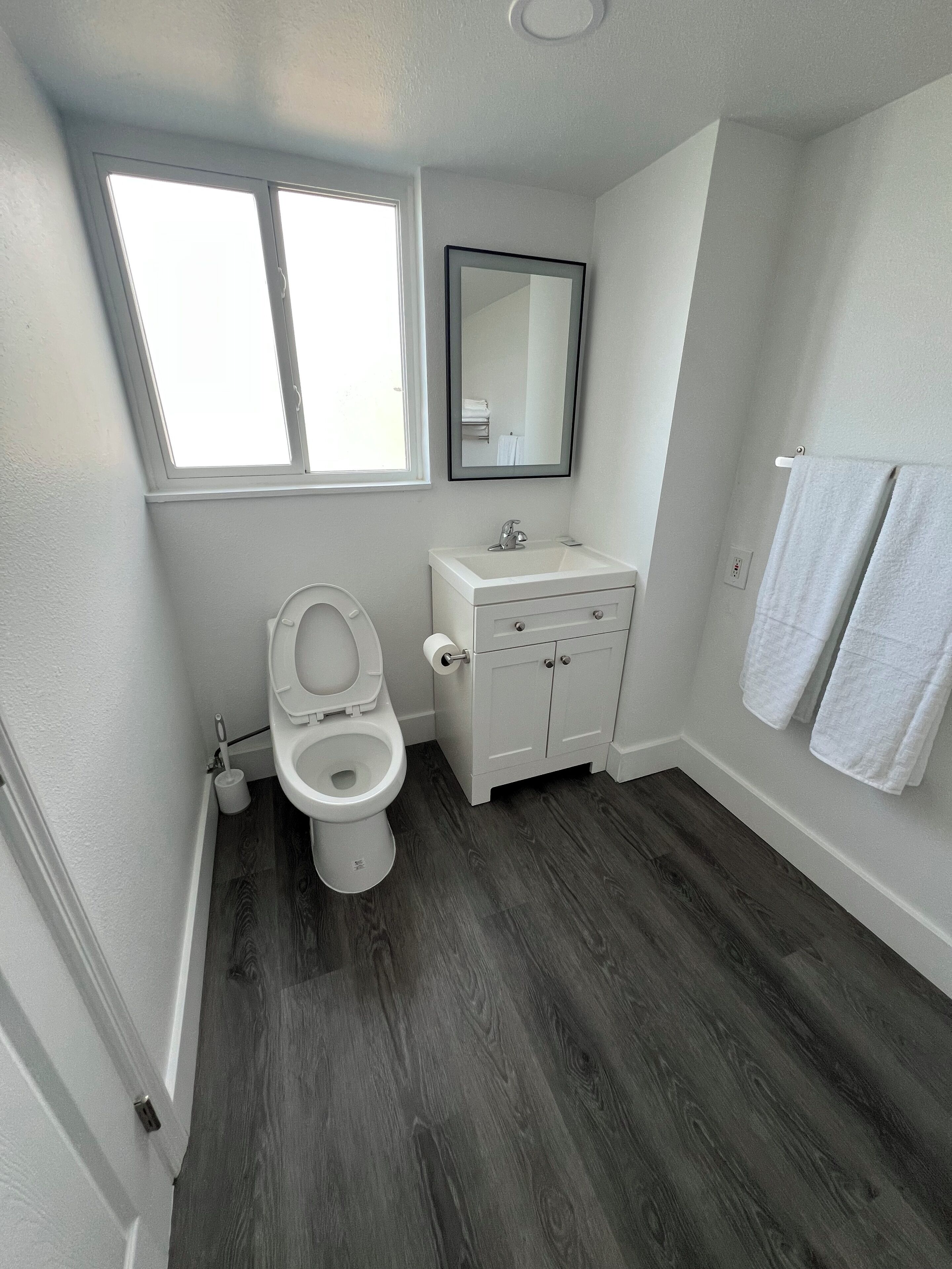 Un baño con inodoro, lavabo y espejo.