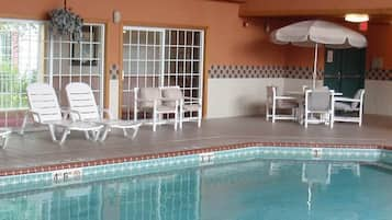 Indoor pool, open 8:00 AM to 10:00 PM, sun loungers