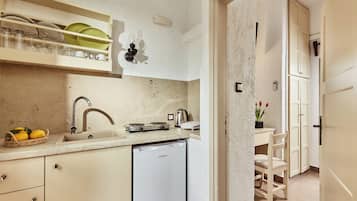 Cocina compacta con lavavajillas integrado, un lavamanos y una encimera con una cesta de limones.