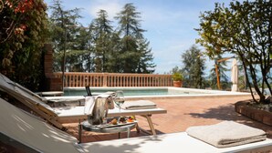 Zona junto a la piscina con sillones, una mesa con bebidas y aperitivos, y vistas a la piscina y los árboles.