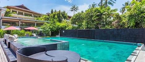 2 outdoor pools, open 6:00 AM to 8:00 PM, pool umbrellas, pool loungers