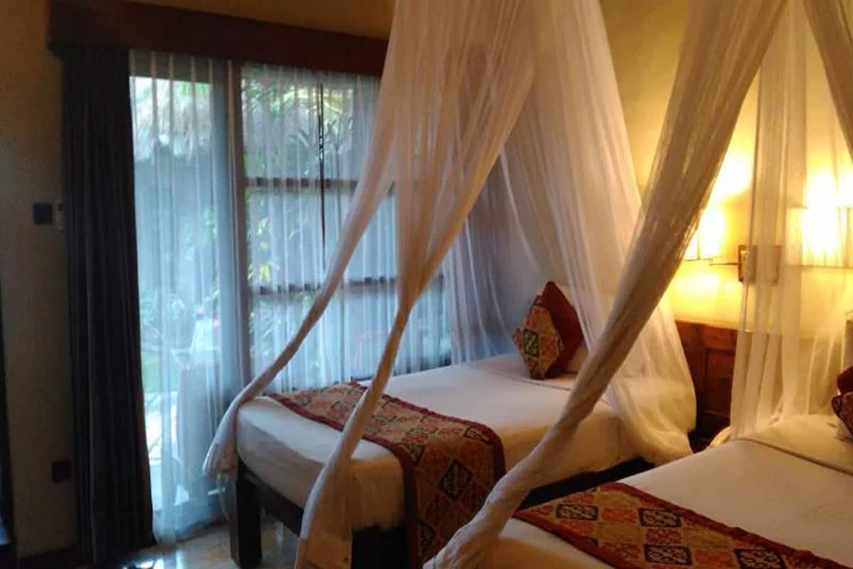 A room with two beds, each with a canopy.
