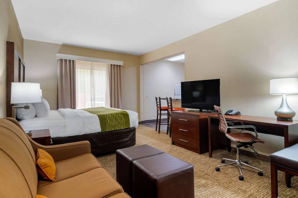 Una habitación de hotel con cama, escritorio, computadora, televisor, silla y sofá.