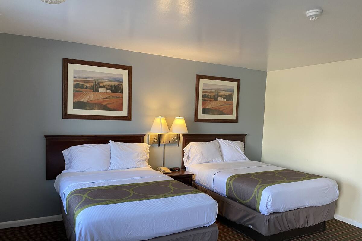A hotel room with two beds, a headboard, two wall-mounted lamps, and two framed landscape paintings.