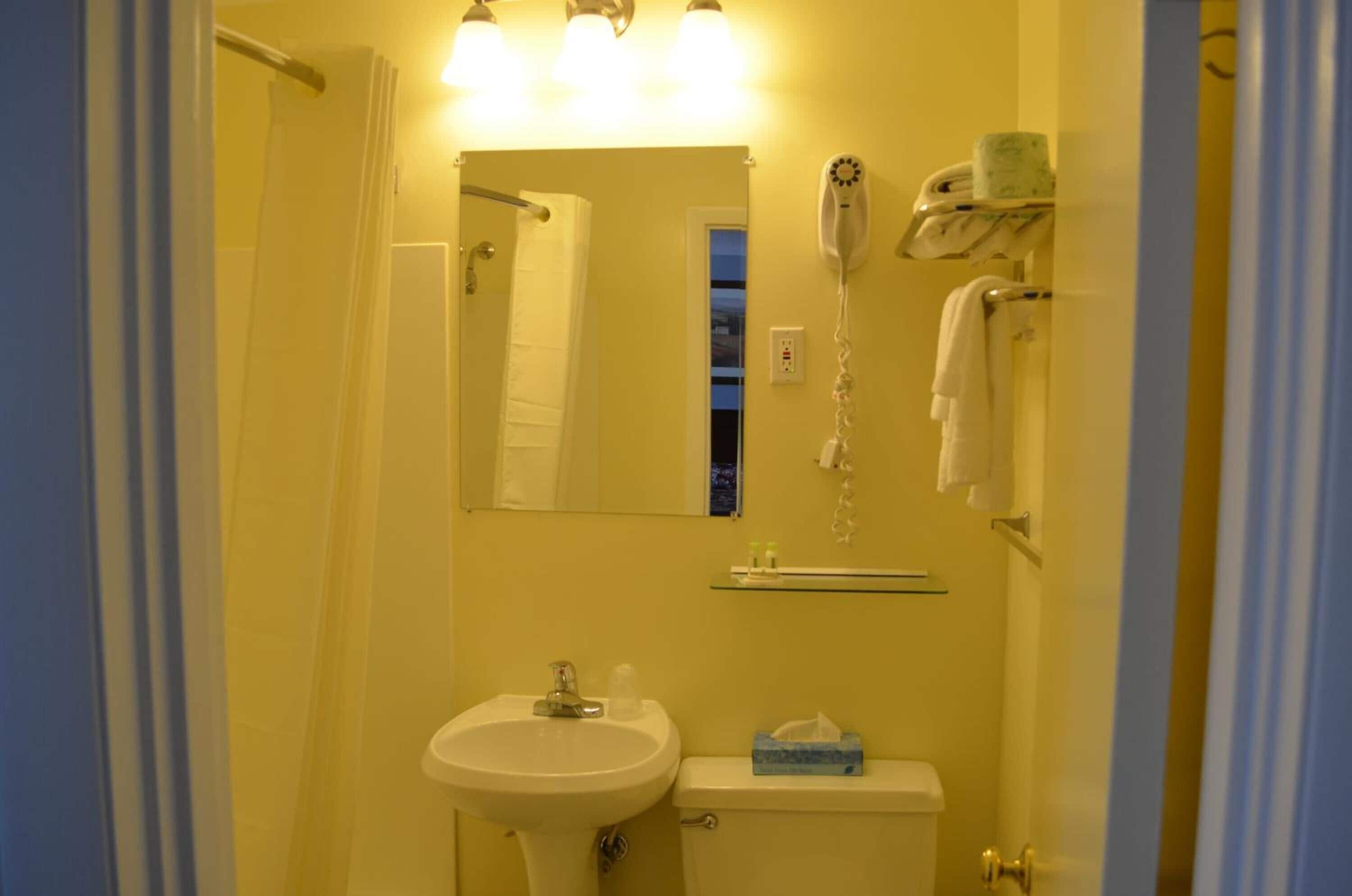 A bathroom with a white sink, a mirror, a hairdryer, and a towel rack.