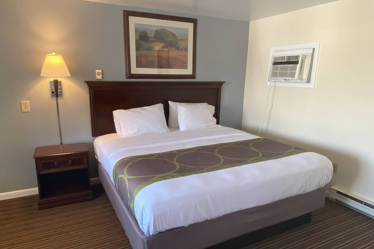 A hotel room with a large bed, a nightstand, a lamp, a framed picture on the wall, and an air conditioning unit.