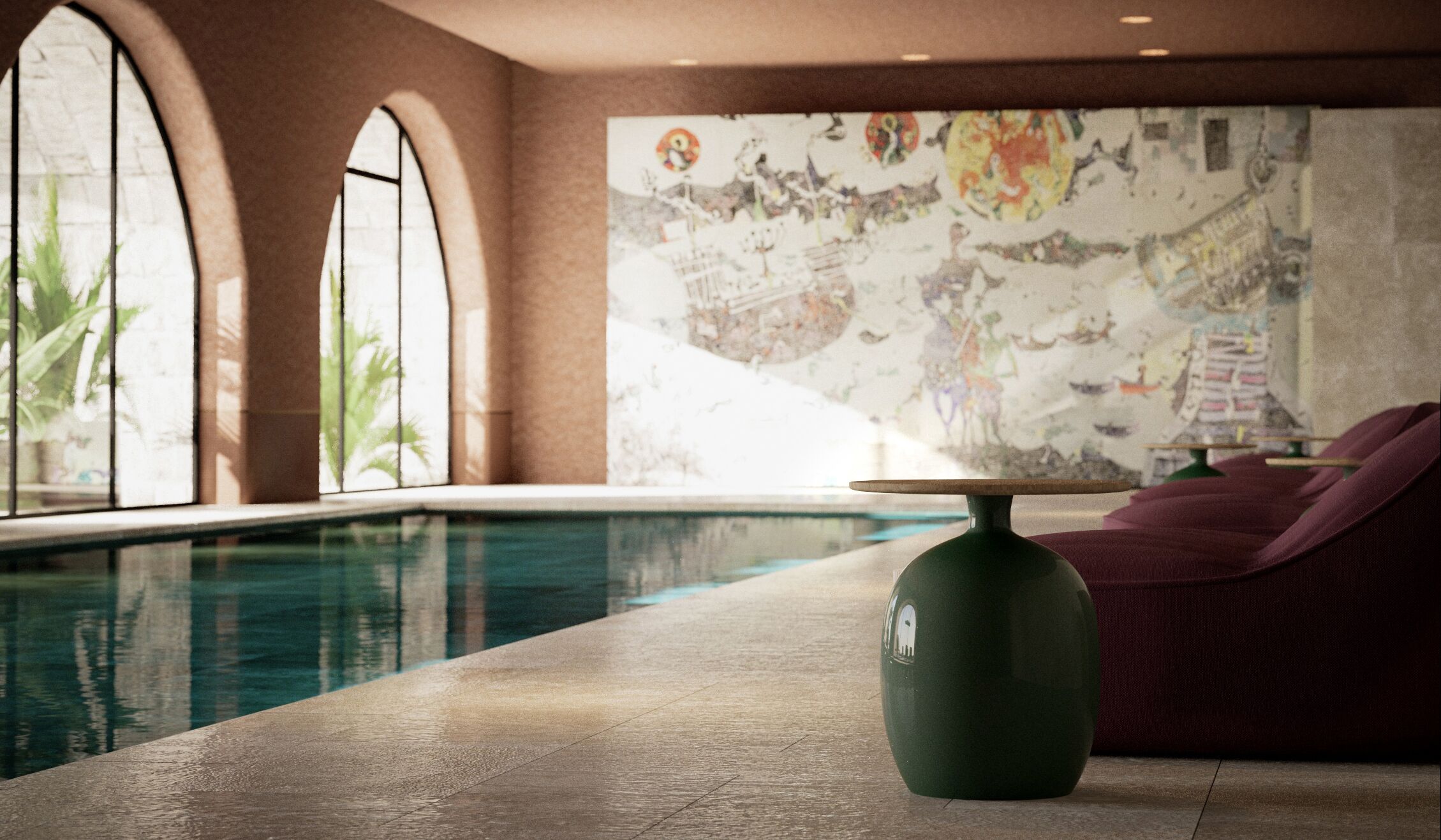 Alberca techada, alberca al aire libre y sombrillas en la alberca