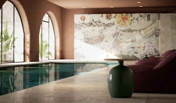 Indoor pool, outdoor pool, pool umbrellas, sun loungers