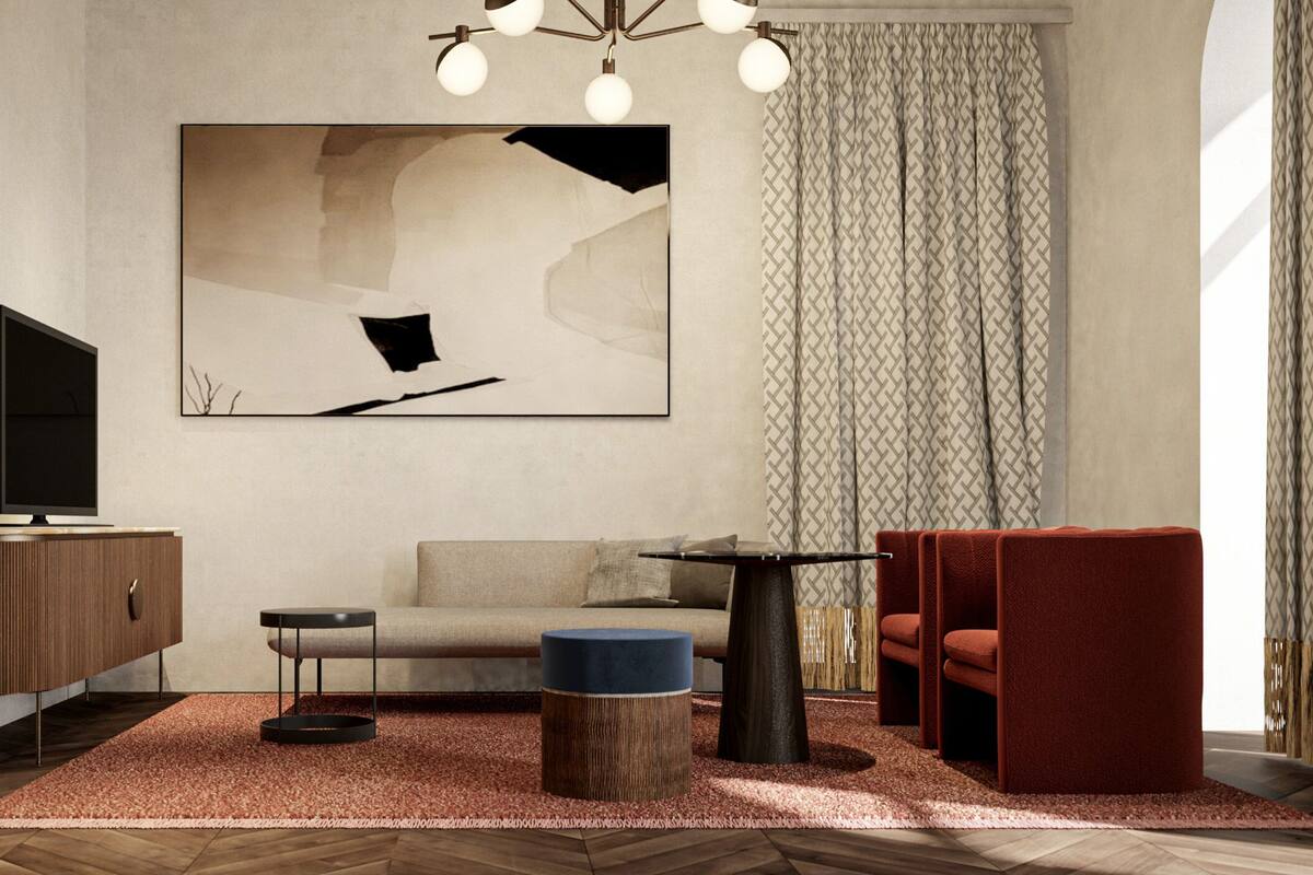 Ein modernes Wohnzimmer mit Sofa, Couchtisch, Fernseher und einem großen abstrakten Gemälde an der Wand.
