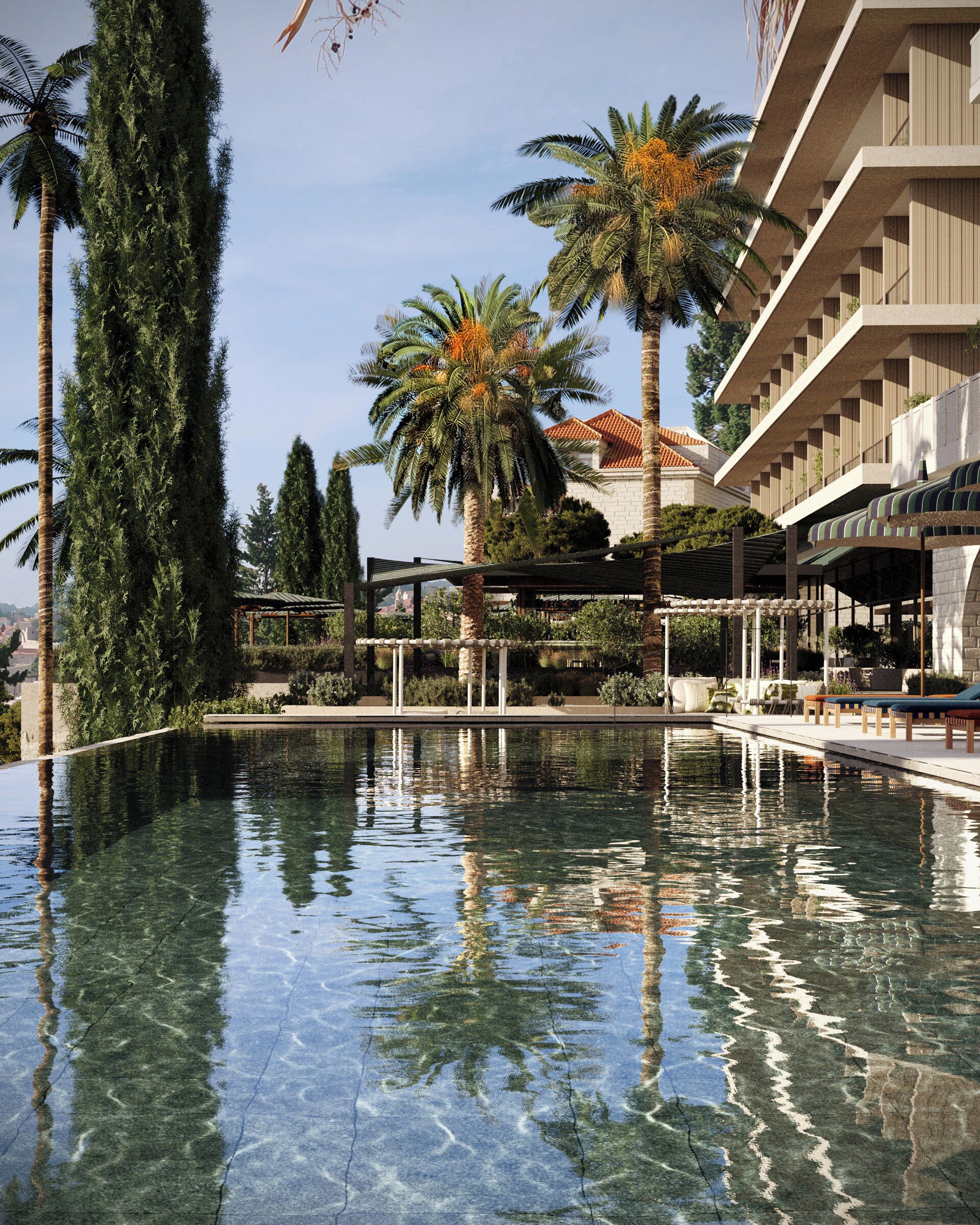 Piscine couverte, piscine extérieure, parasols de plage, chaises longues