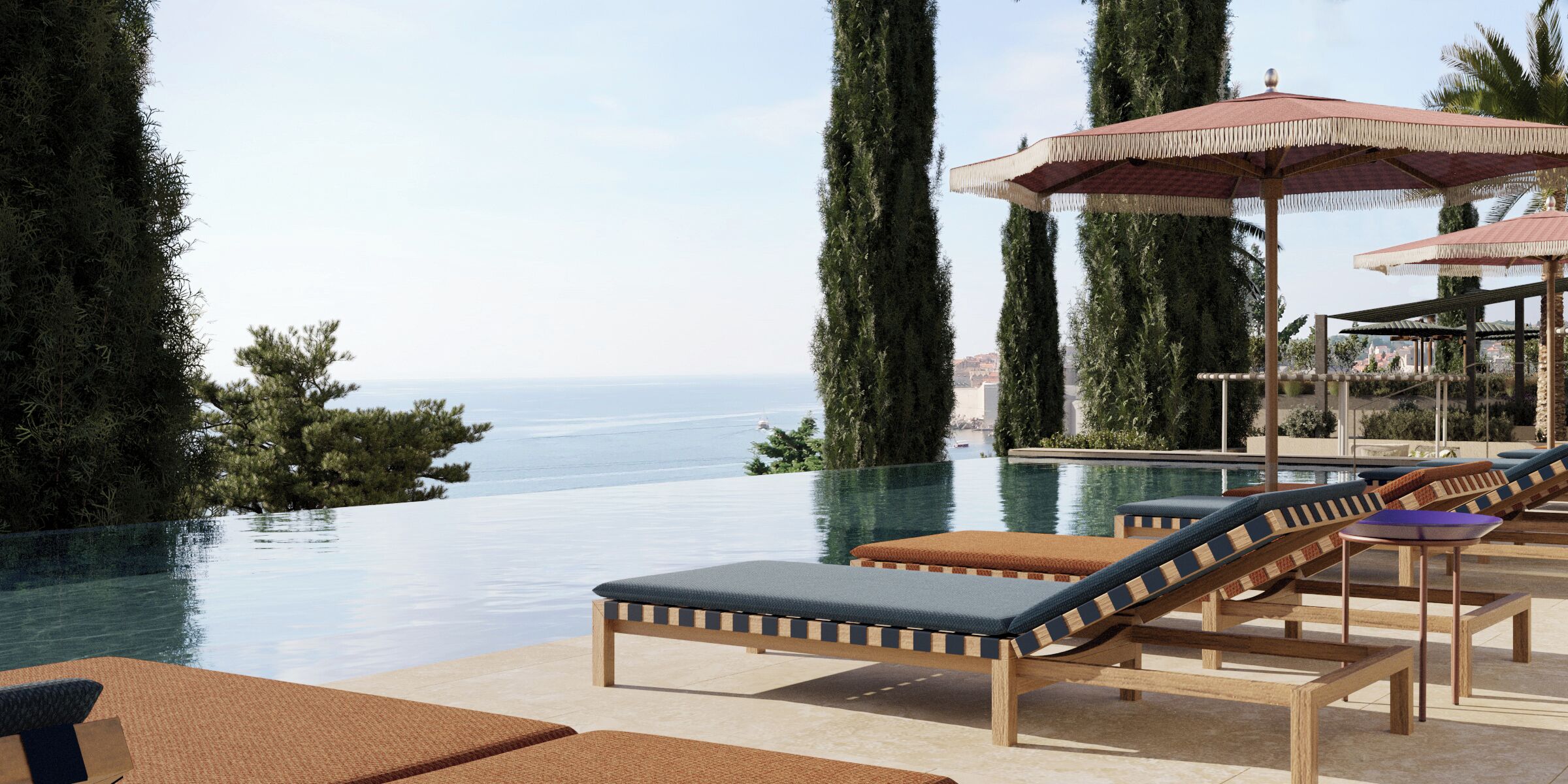 Indoor pool, outdoor pool, pool umbrellas, pool loungers