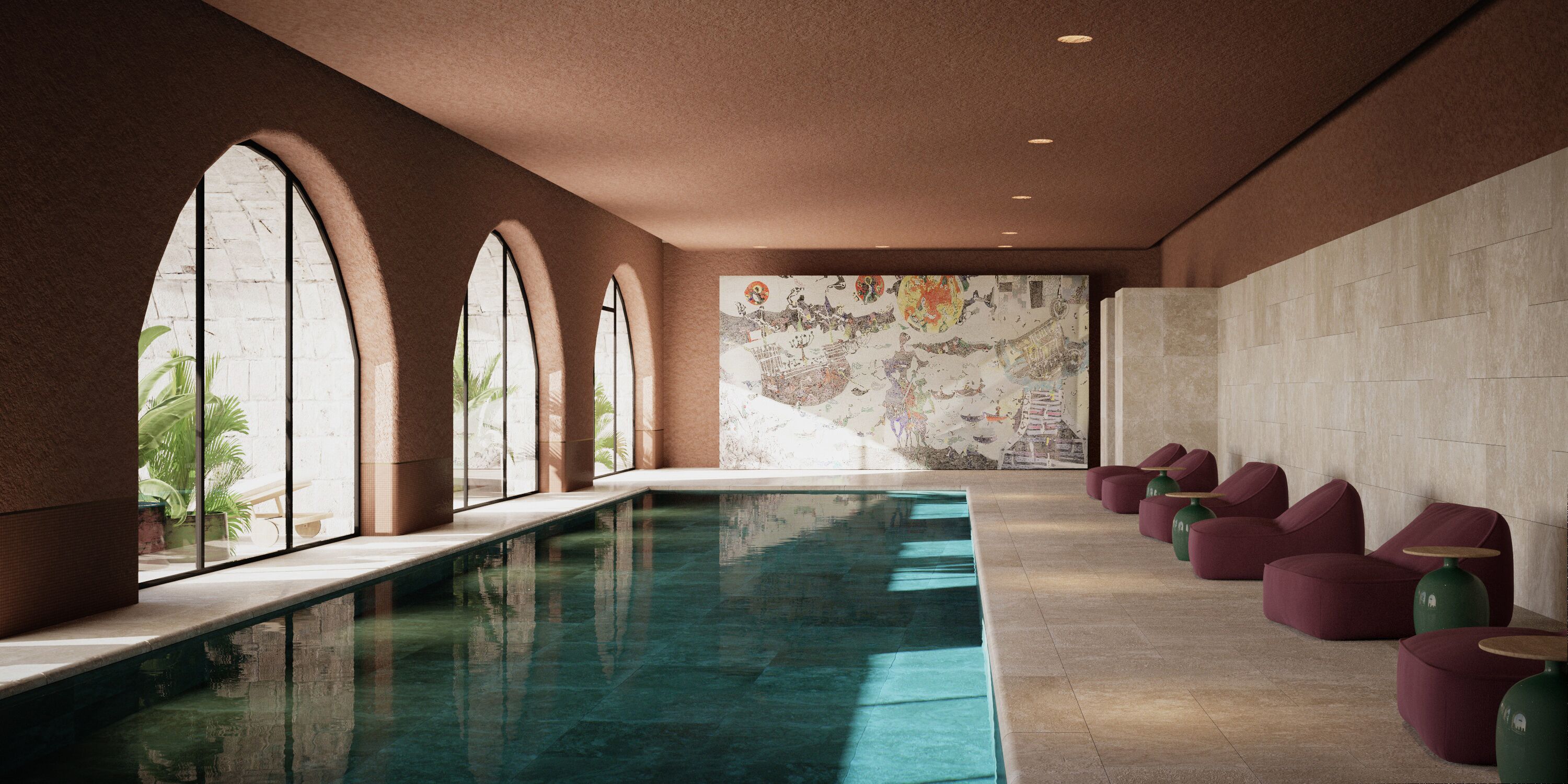 Indoor pool, outdoor pool, pool umbrellas, sun loungers