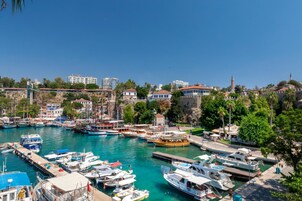 Un puerto deportivo con diversas embarcaciones amarradas, rodeado de edificios y vegetación.