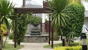 Un chemin menant à un bâtiment doté d’un mur en pierre et d’une fontaine.