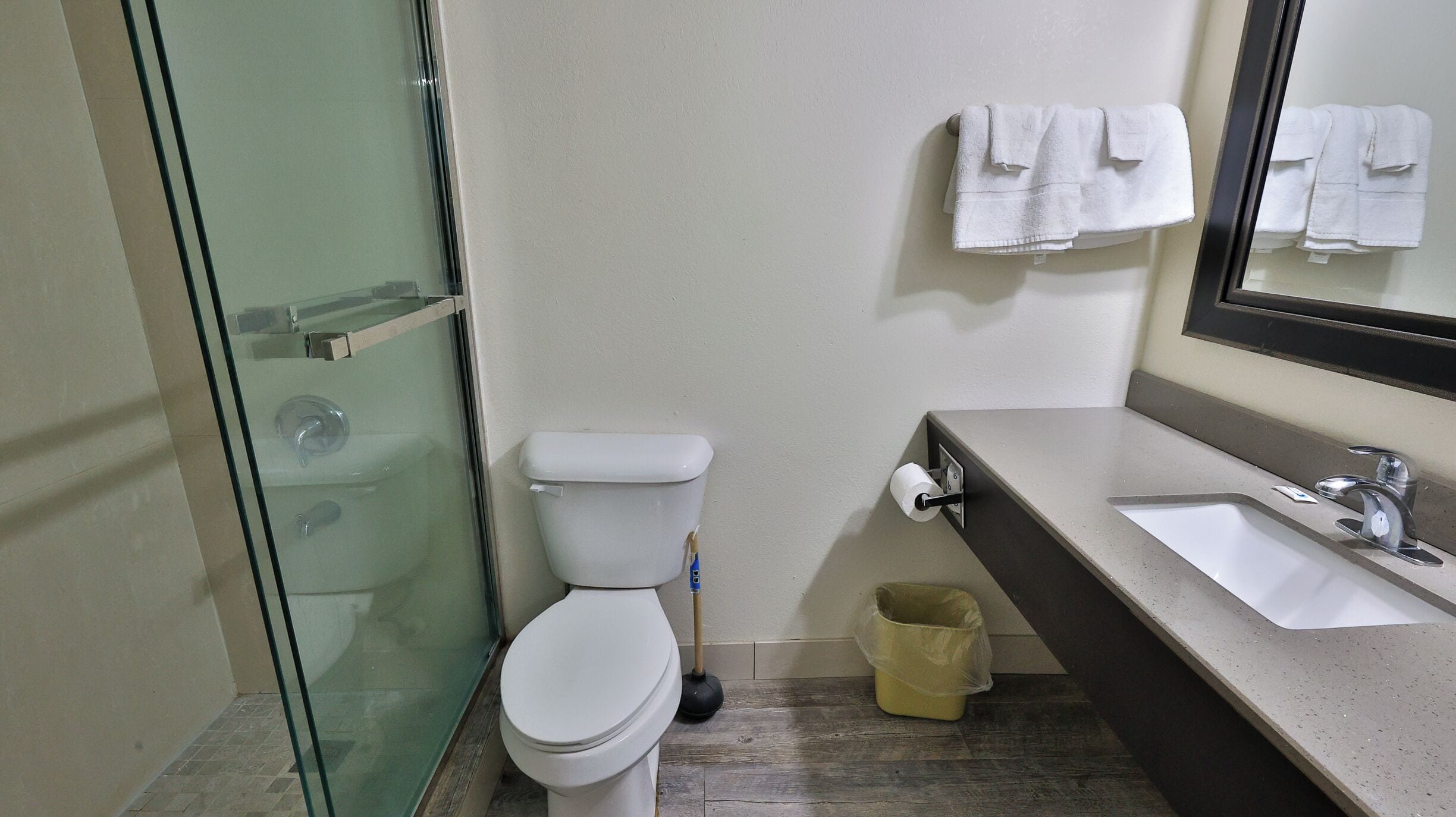 A bathroom with a glass shower enclosure, a toilet, a sink with a mirror, and a towel rack with towels.