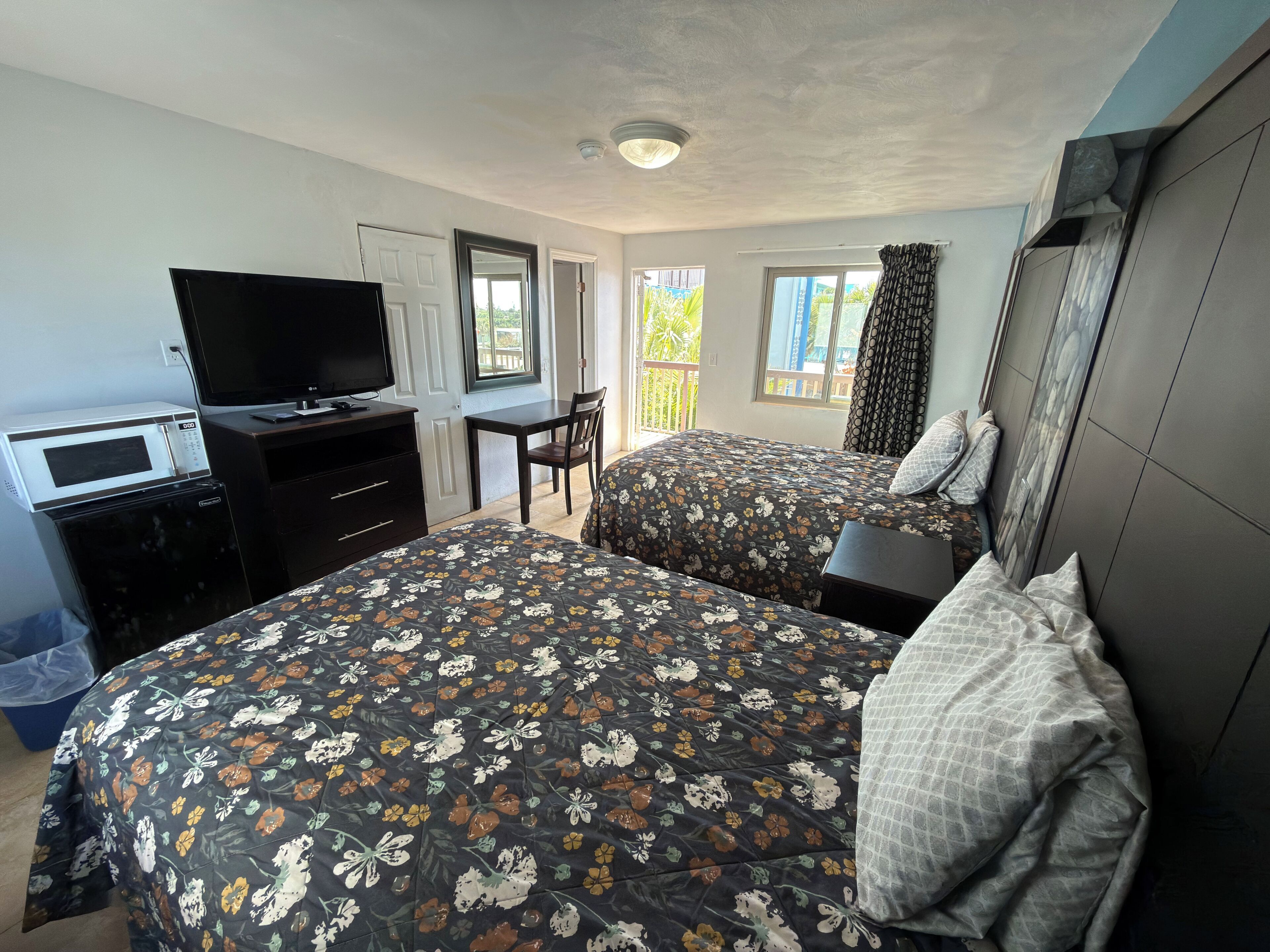 Habitación de hotel con dos camas, un escritorio, televisor, microondas y vistas al exterior.