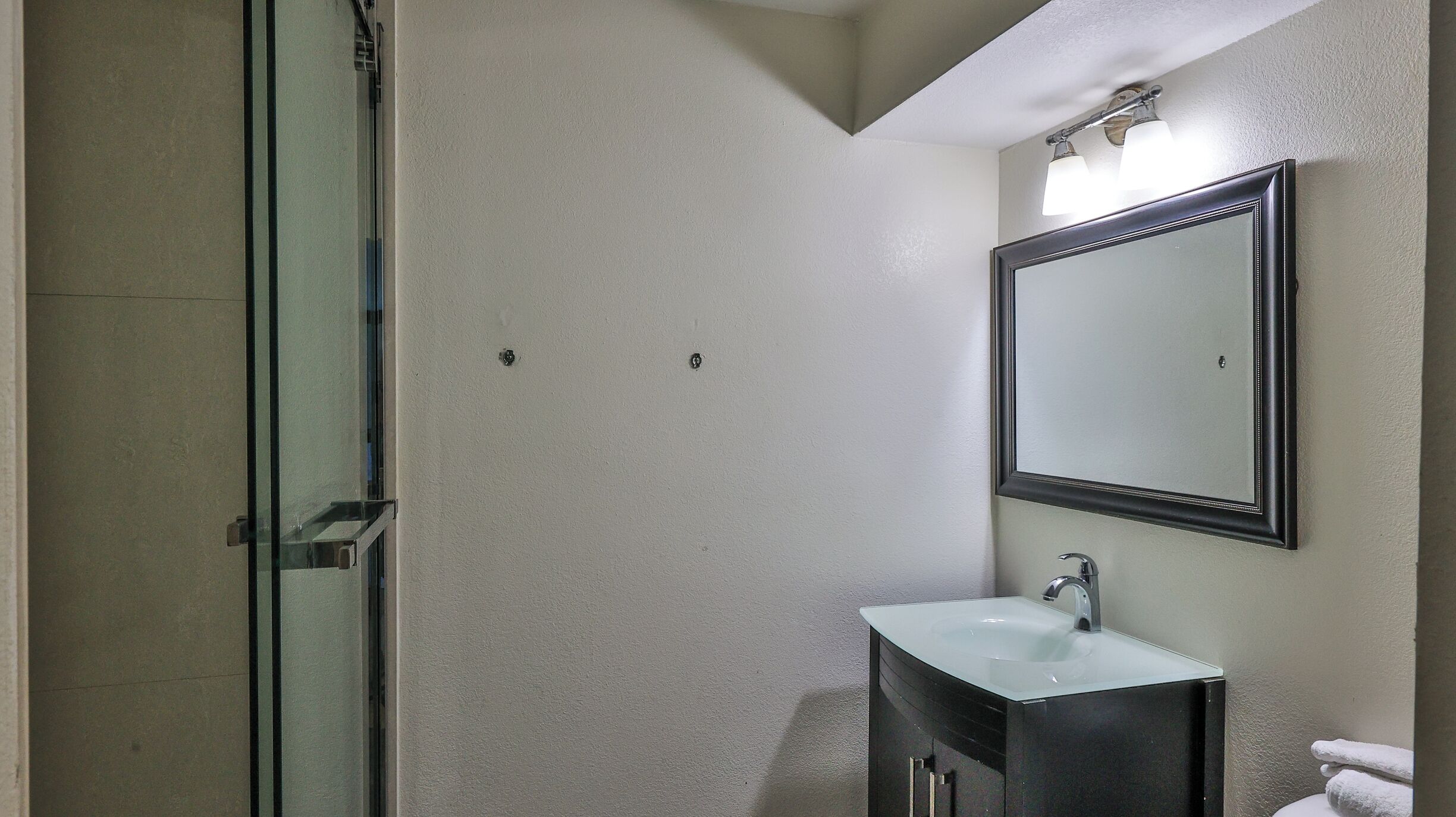 Un baño con mampara de vidrio, un lavabo blanco con mueble negro y un espejo grande.