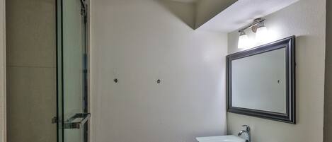 Un baño con mampara de vidrio, un lavabo blanco con mueble negro y un espejo grande.