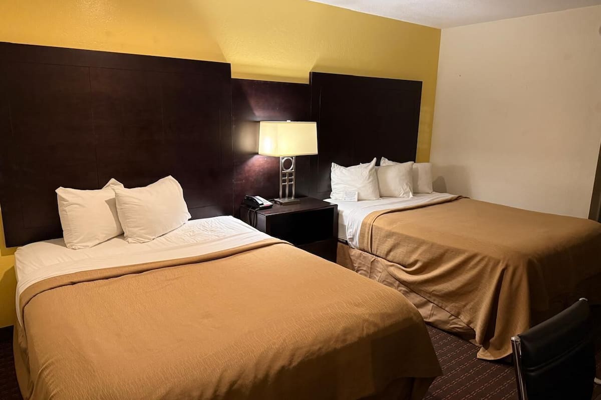 A hotel room with two beds, each with a brown bedspread and white pillows. There is a nightstand with a lamp between the beds.