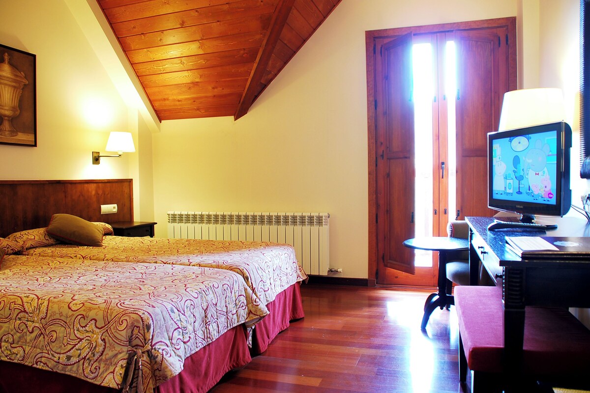 Habitación de hotel con dos camas, un escritorio con computadora, un radiador y techo de madera.