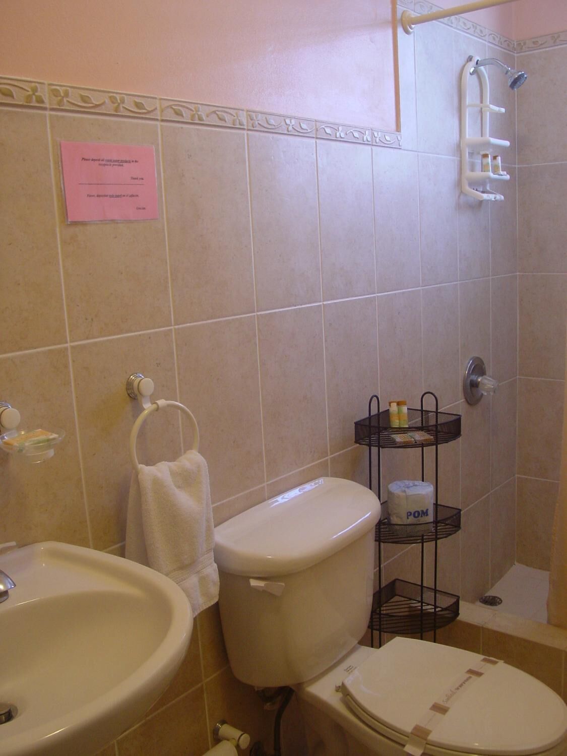 A bathroom with a toilet, sink, and shower. There is a towel rack and a shelf with toiletries.