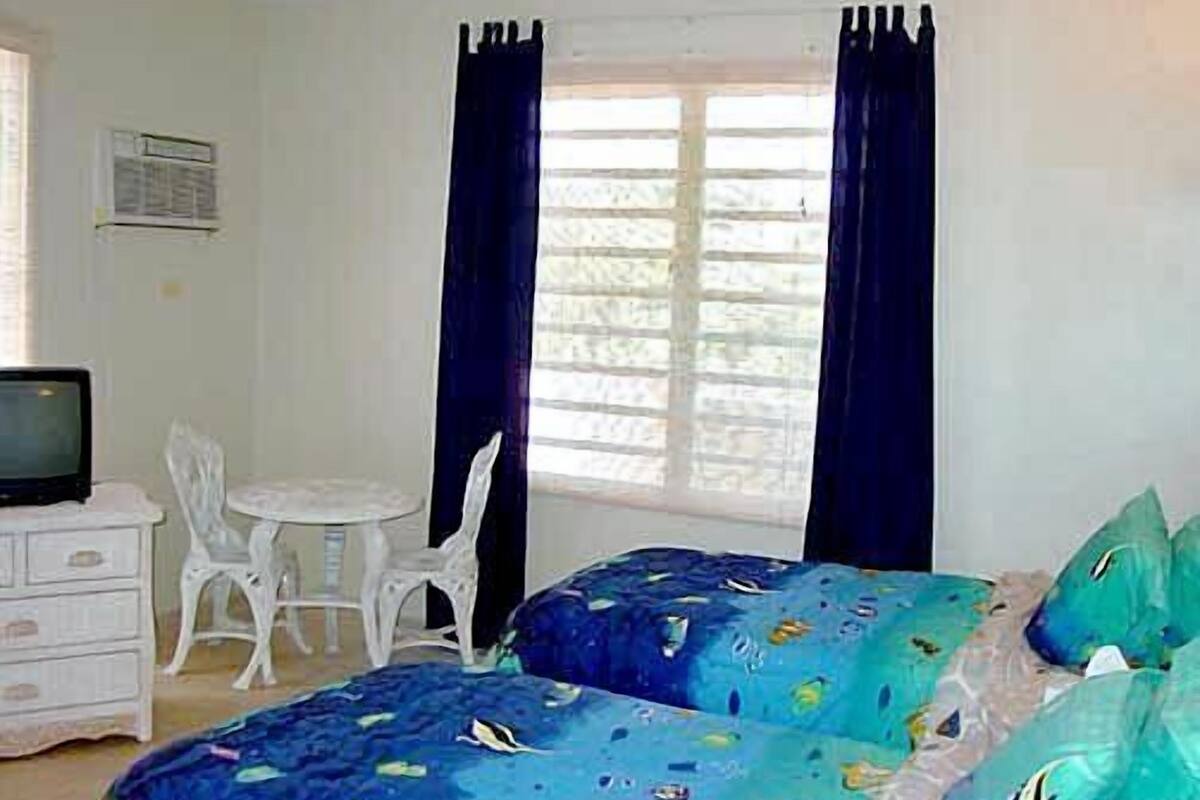 A bedroom with two beds, a TV, a small table, and a chair.