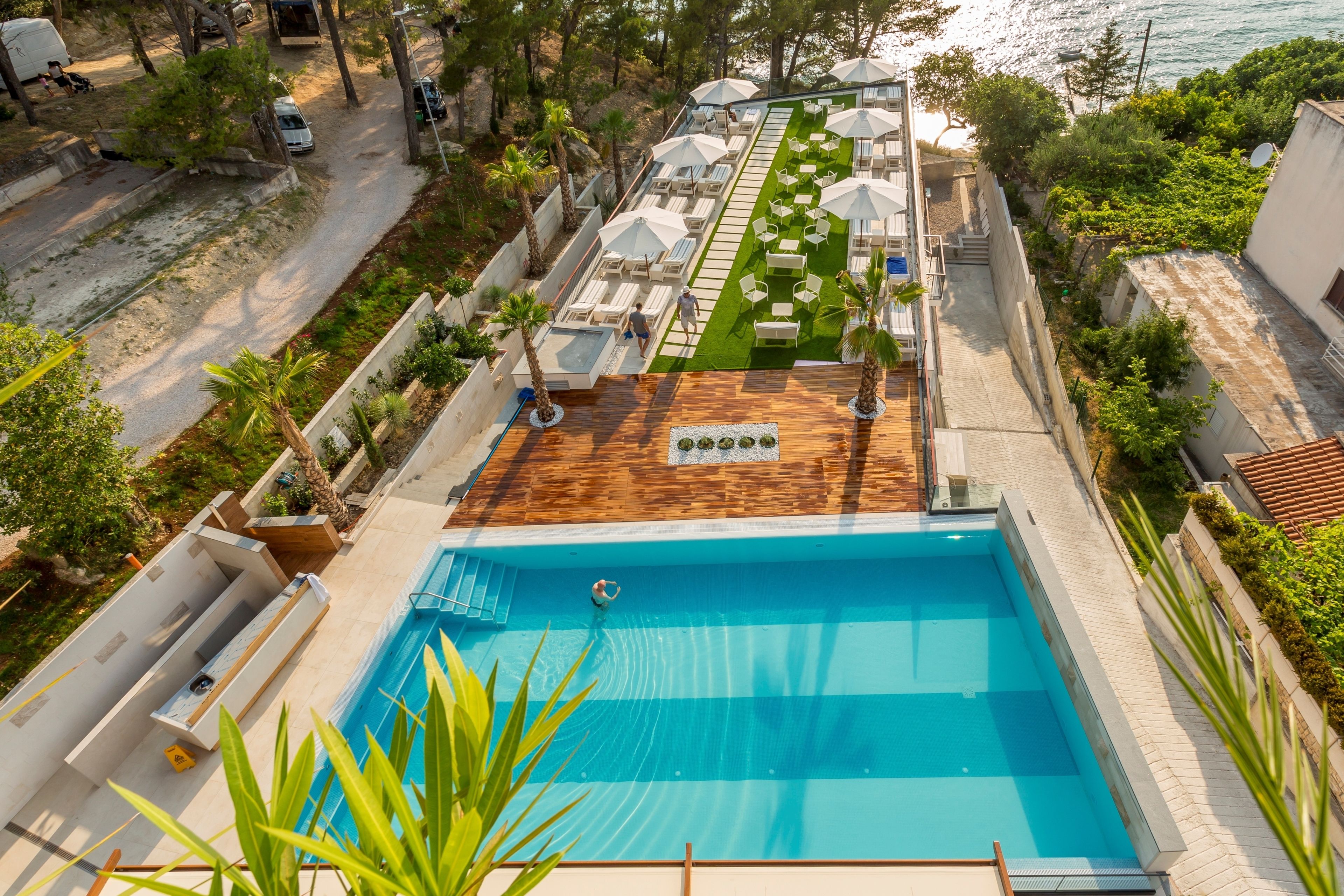 indoor pool, outdoor pool, open 9:30 am to 9 pm, pool loungers