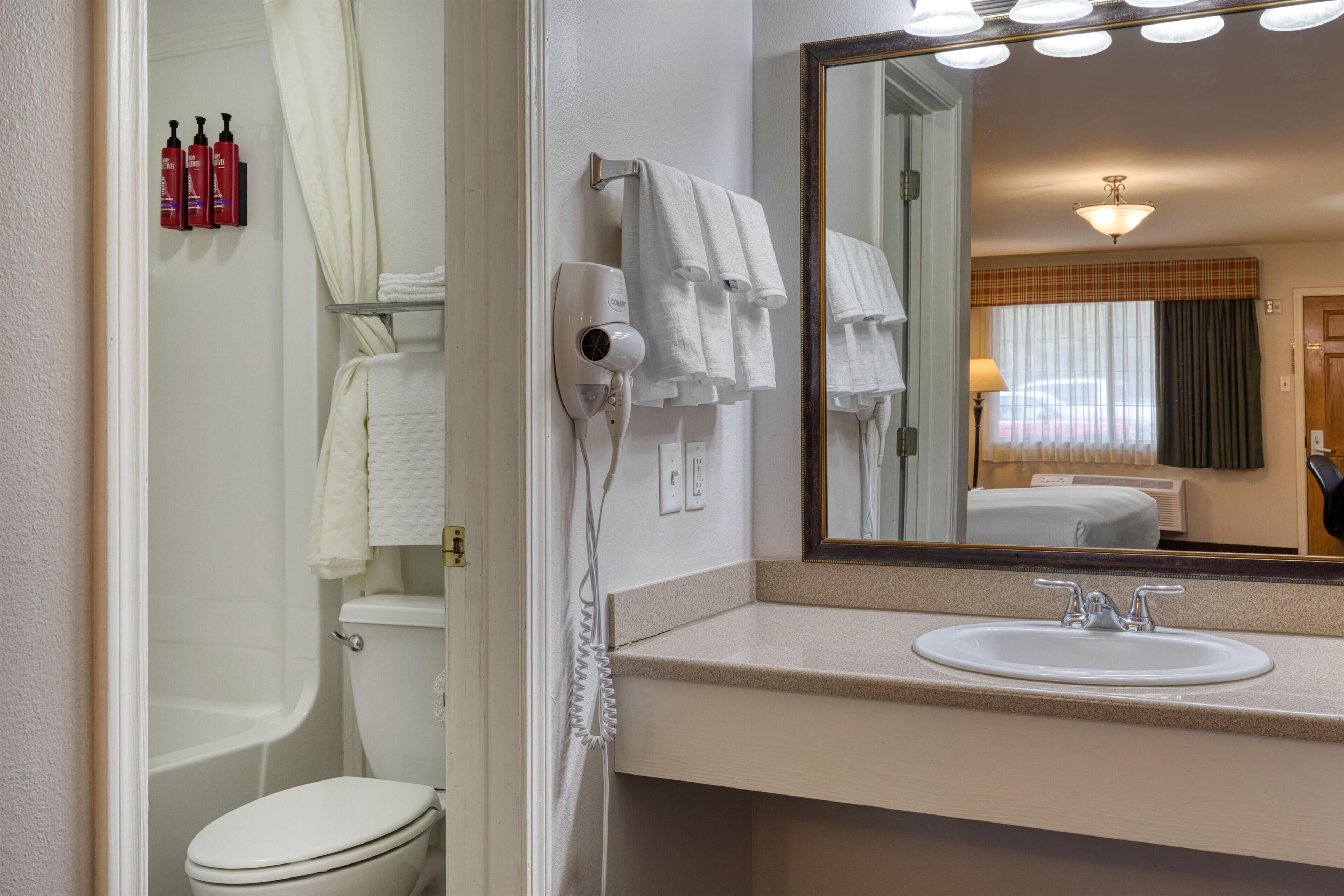 Et badeværelse med toilet, vask, spejl og bruser.