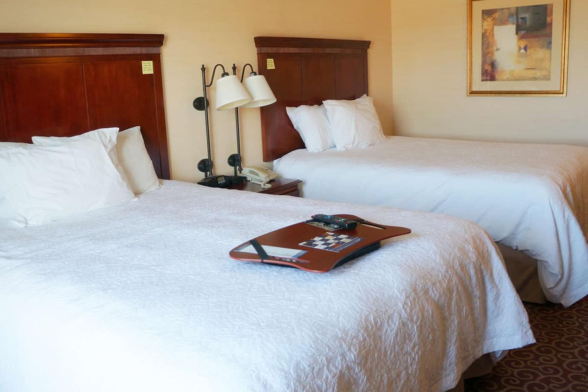 Two single beds with white linens, a bedside table with a lamp, and a framed picture on the wall.