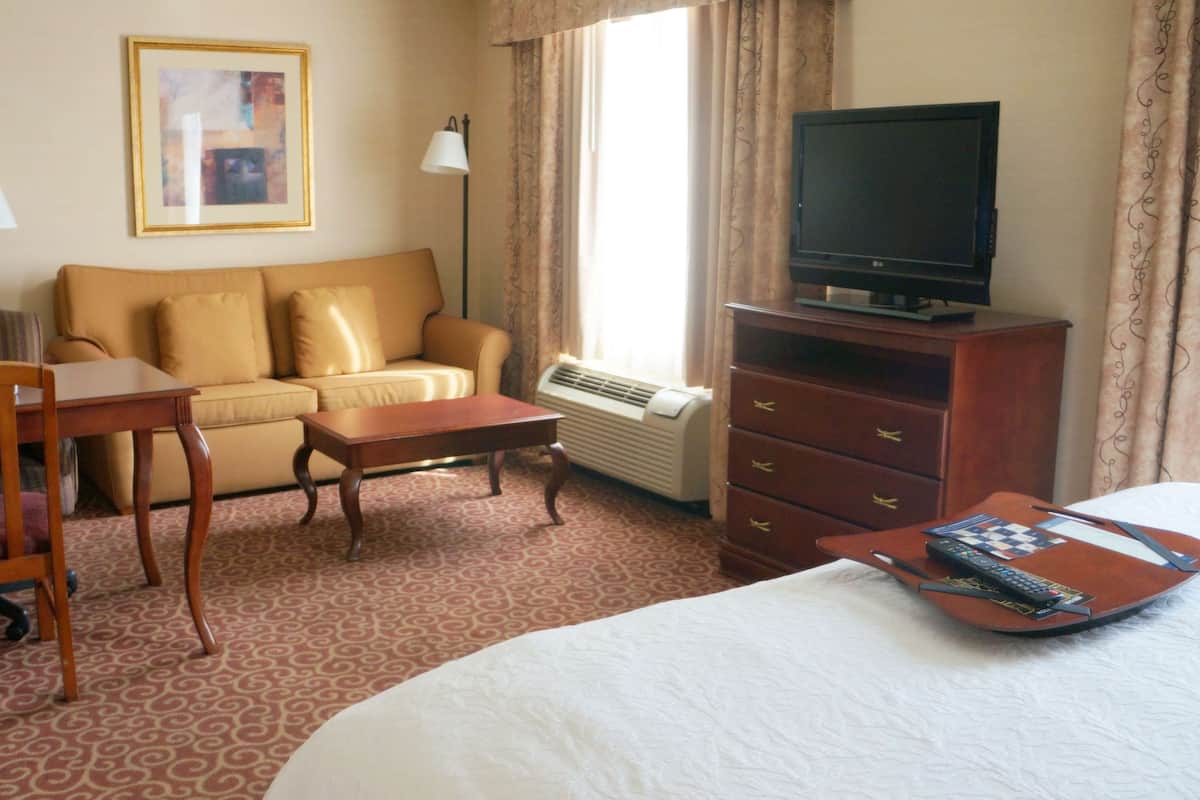 A hotel room with a bed, a sofa, a desk, a chair, a television, a dresser, and a remote control on a tray.