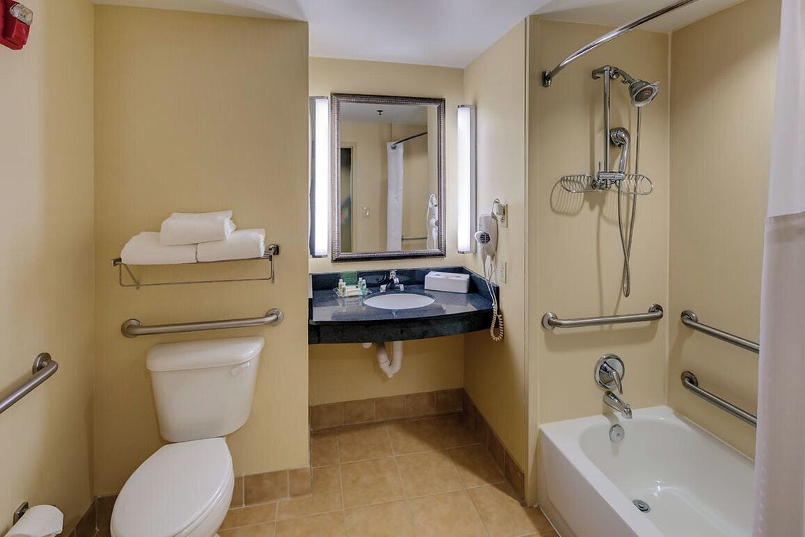 Une salle de bain équipée de toilettes, d’un lavabo, d’un miroir et d’une douche.