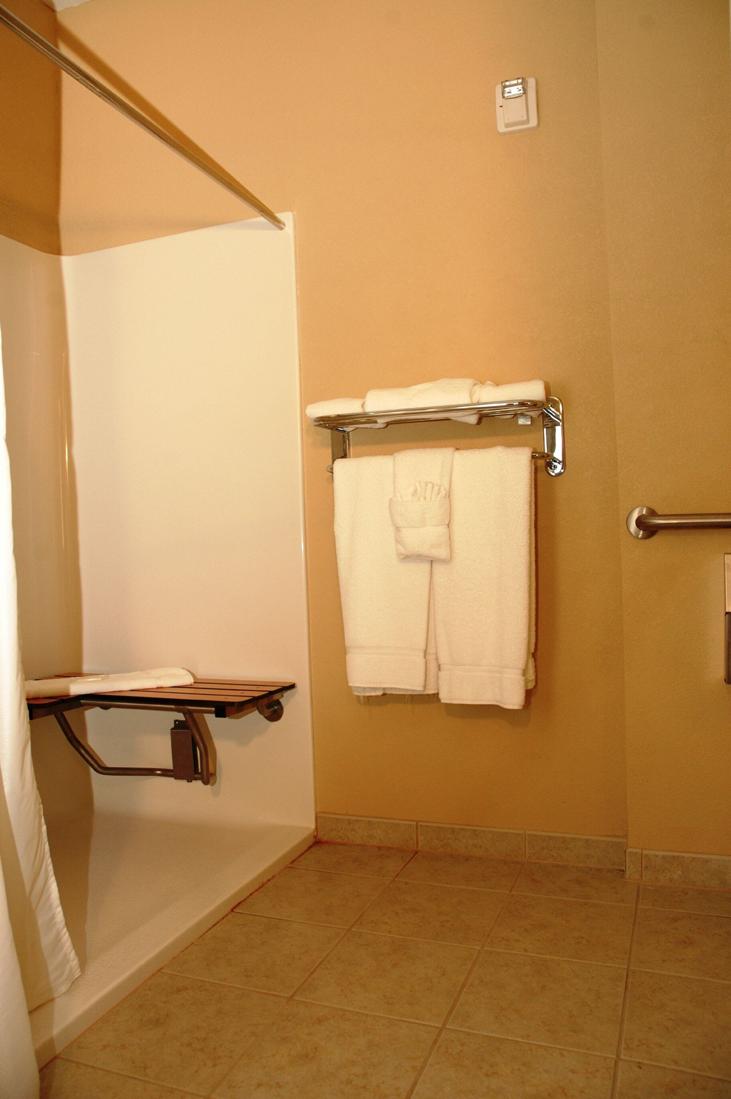 Un baño con ducha, un perchero y dos toallas, y un estante pequeño.