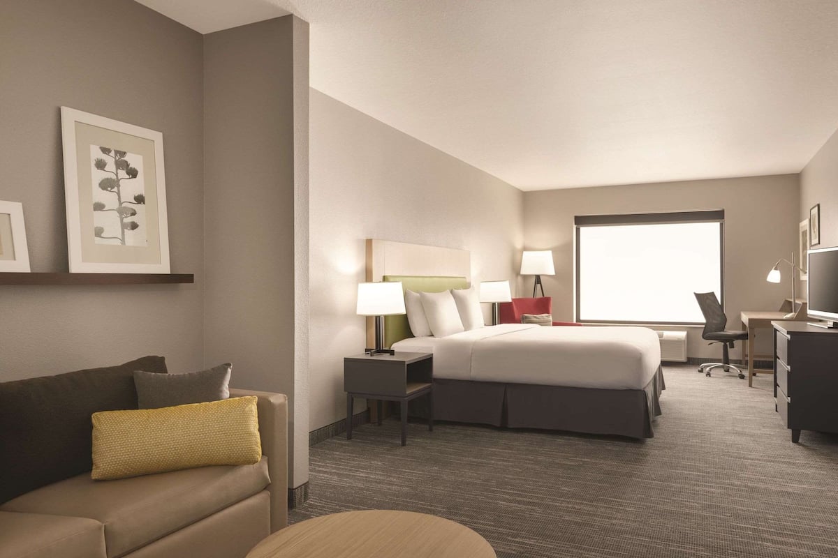 A hotel room with a bed, a desk, a chair, a sofa, and a small table.