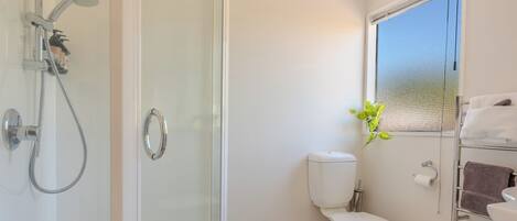 Un baño moderno con ducha de vidrio, inodoro y lavabo.