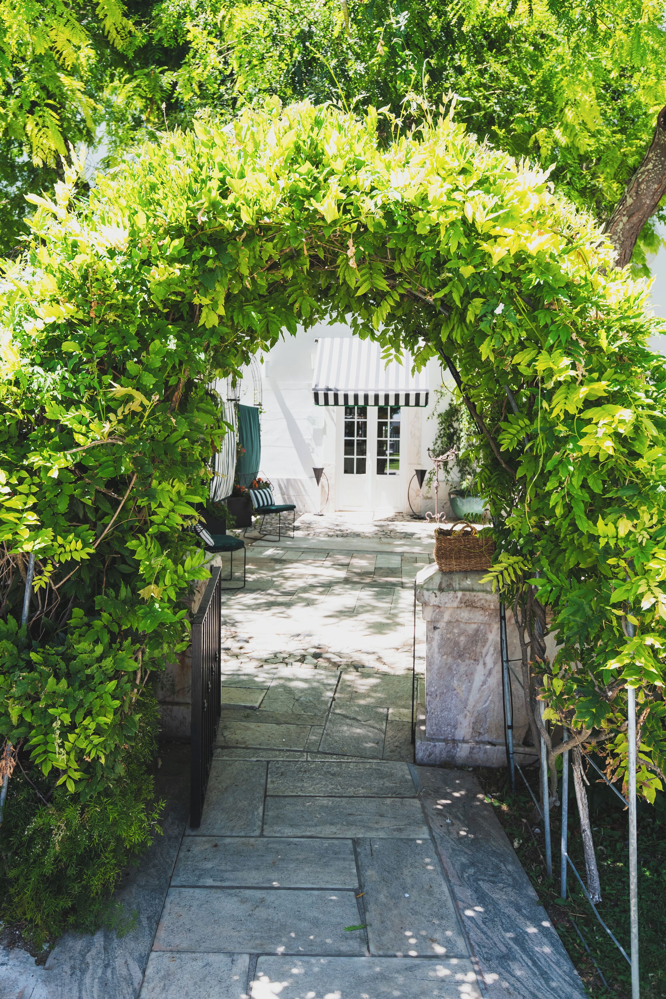 Un sendero de piedra conduce a un edificio blanco con una ventana y una puerta, rodeado de abundante vegetación.