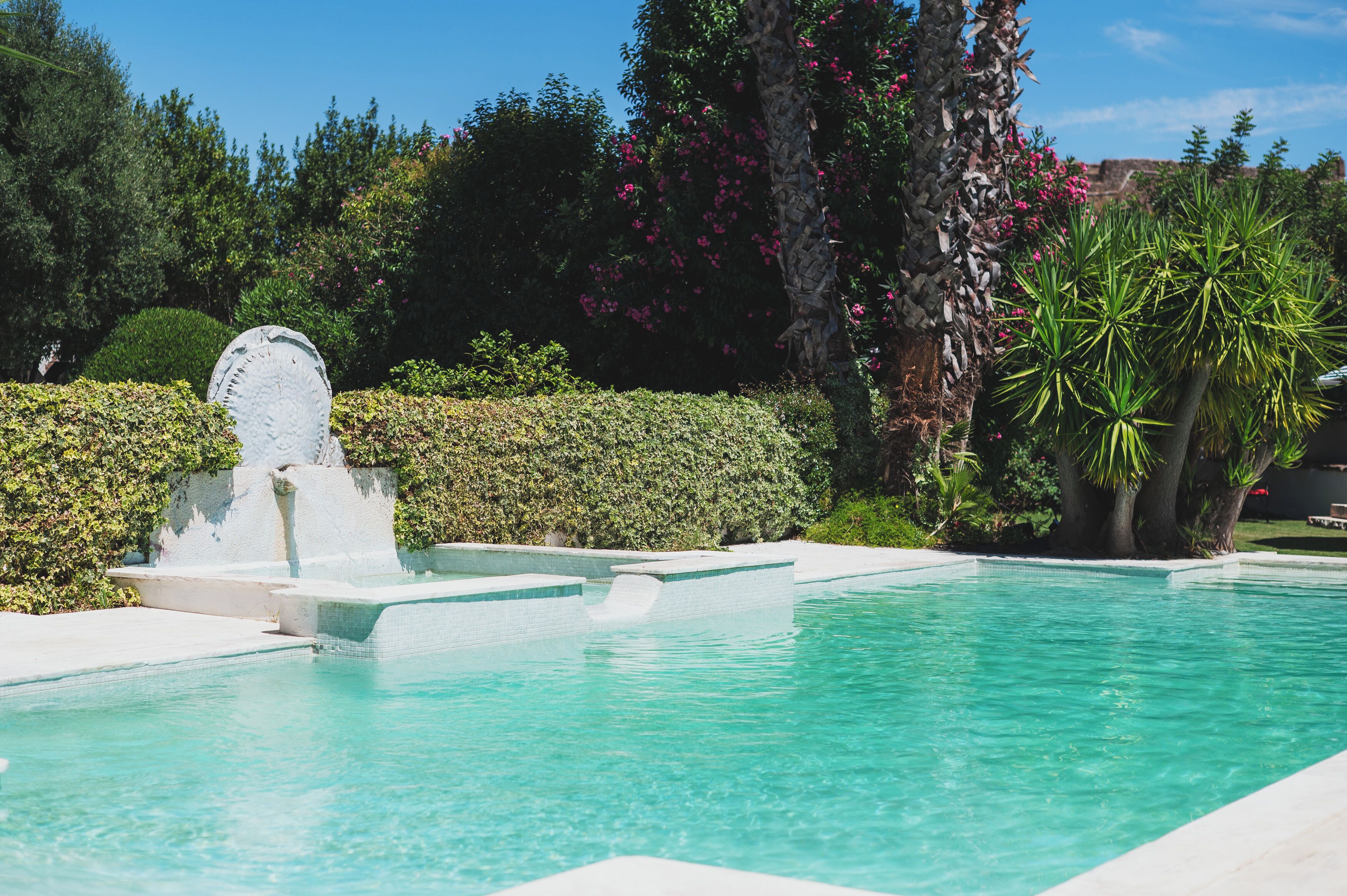 A clear blue pool with a stone fountain, surrounded by lush greenery and a palm tree.